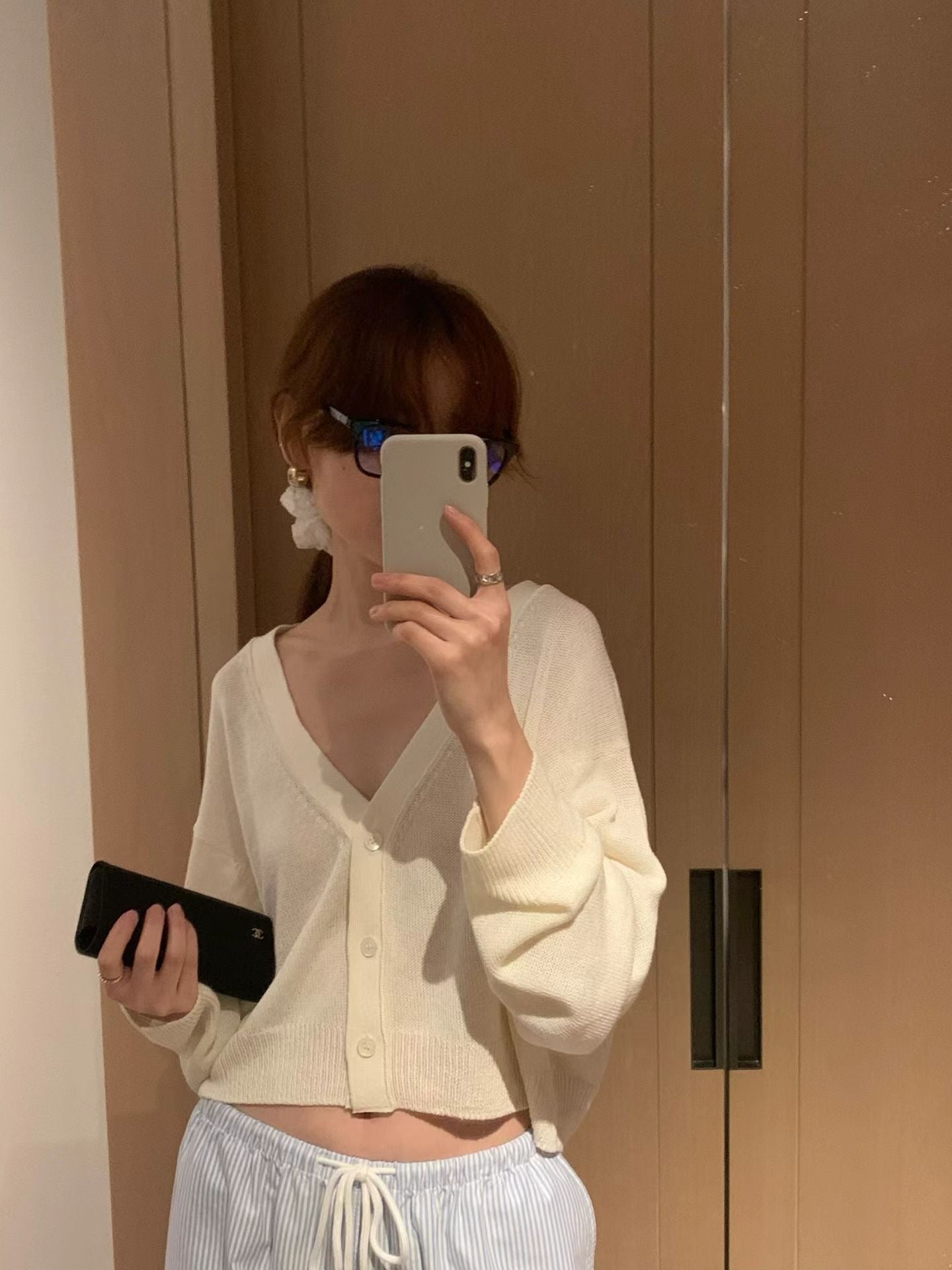 夏亞麻v領排釦外