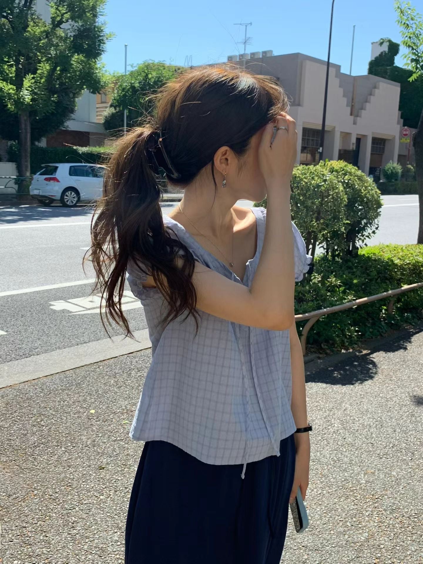 Angel Korea 夏格子澎袖上衣