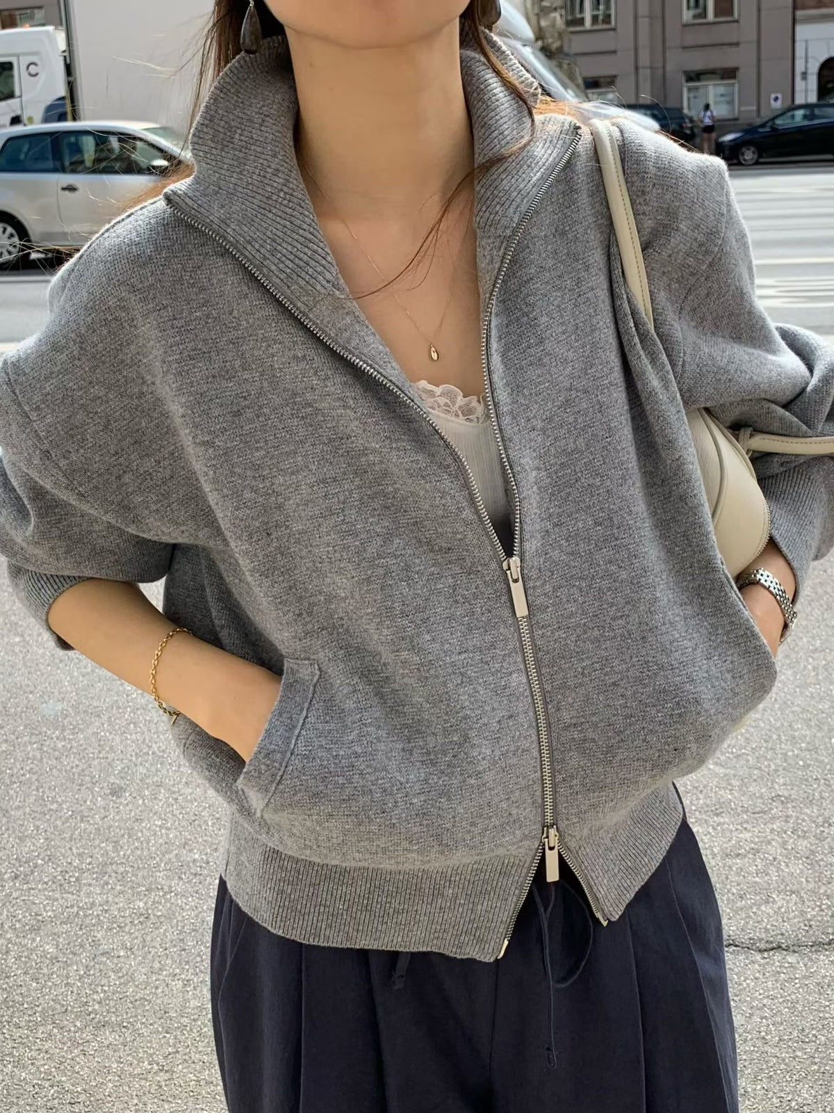 Angel Korea 秋立領針織拉鍊外O65