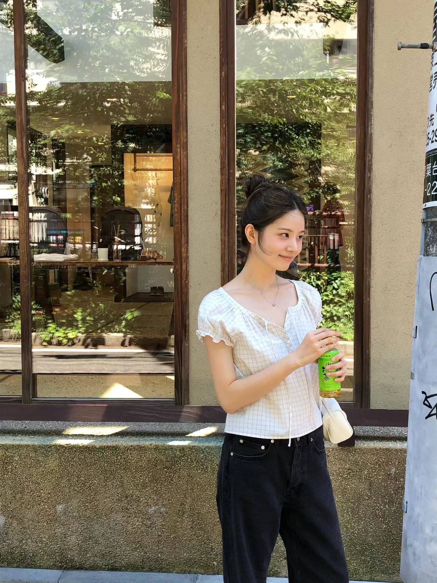 Angel Korea 夏格子澎袖上衣