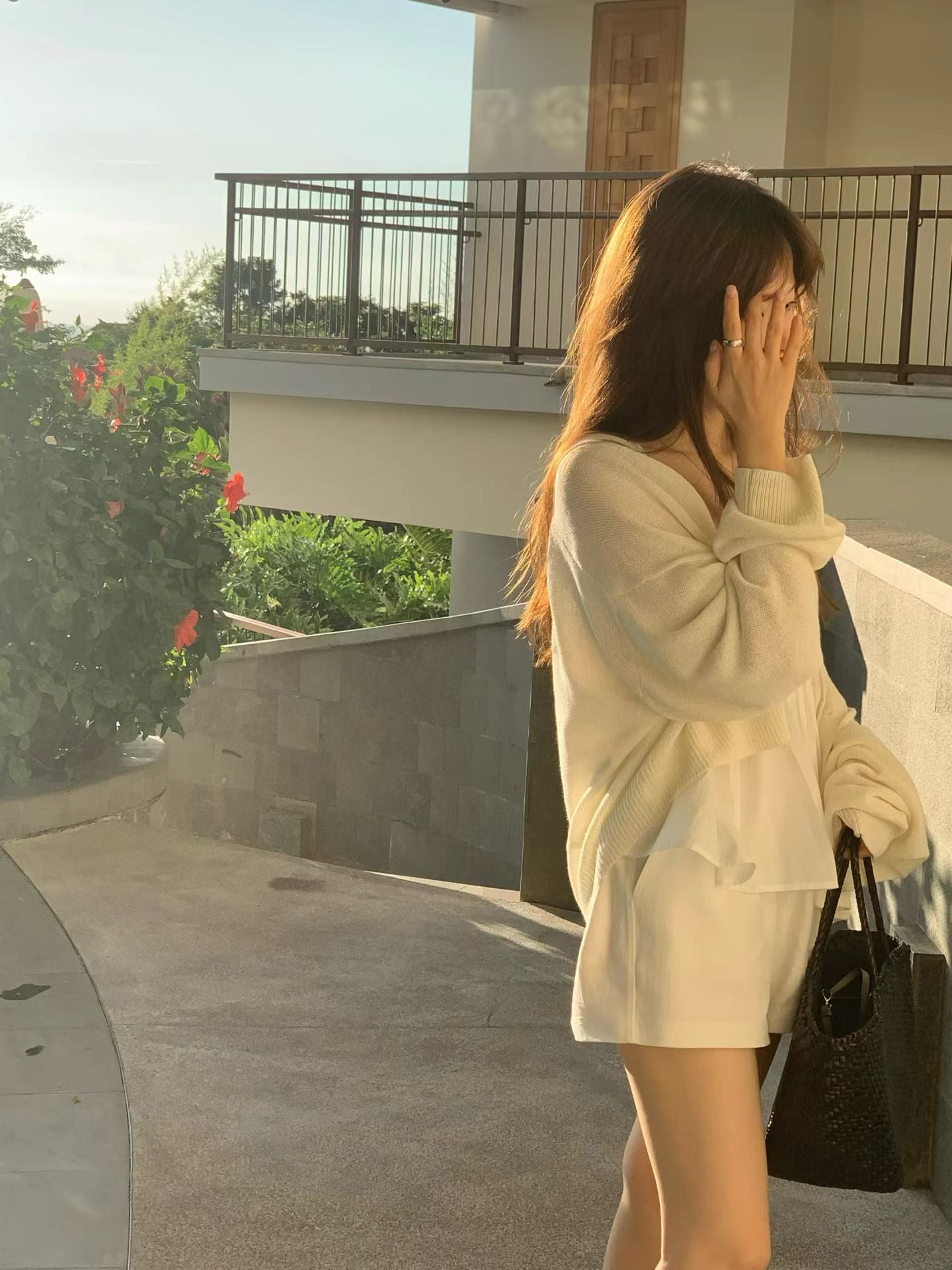 夏亞麻v領排釦外